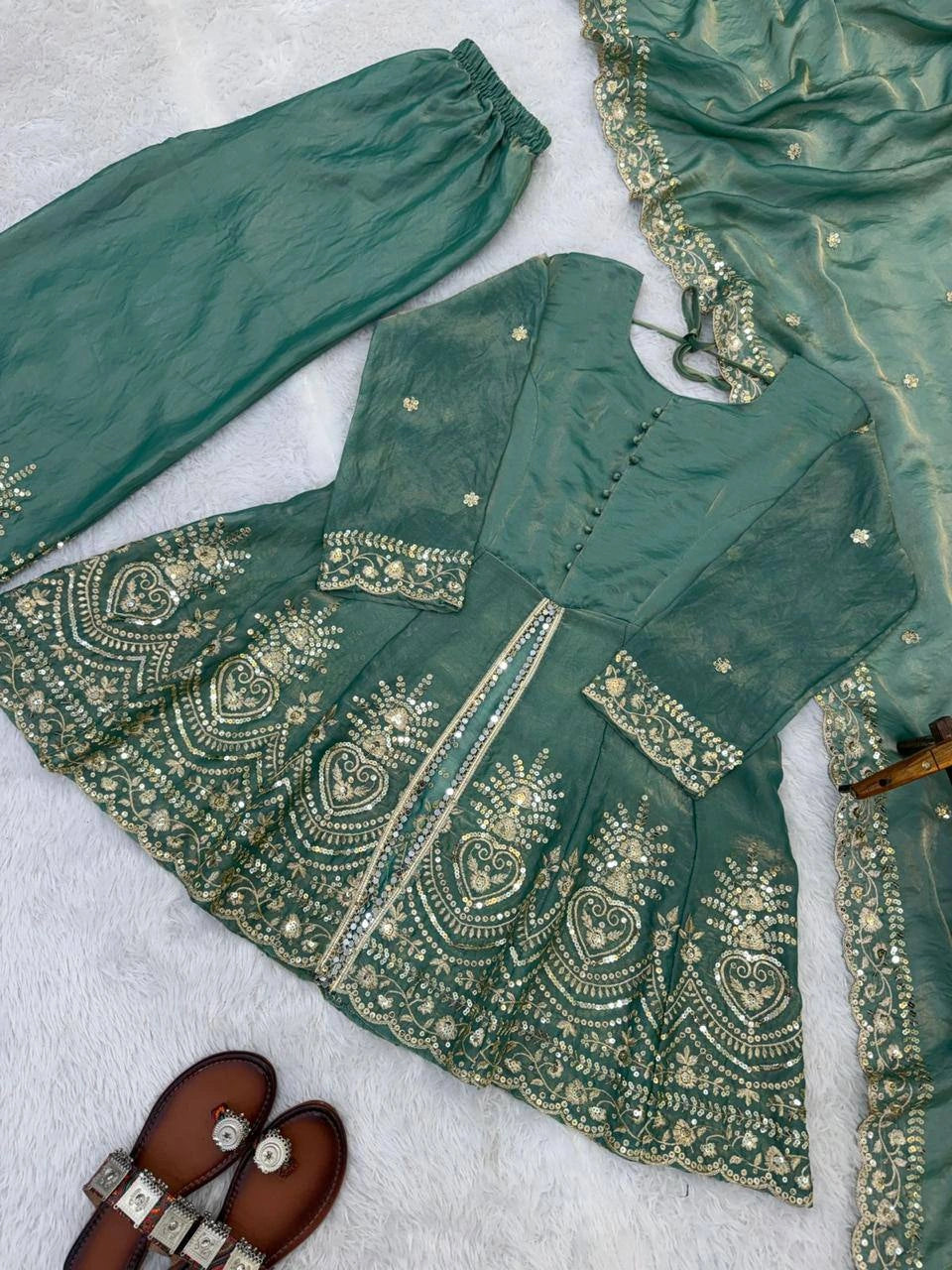 Sage Green Mirror Work Palazzo Suit flat lay embroidery detail – Kalyanja KU304
